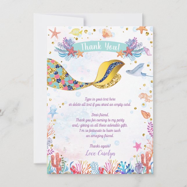 Tarjeta De Agradecimiento Brillantina dorada | Cumpleaños De La Sirena Bajo  (Anverso)
