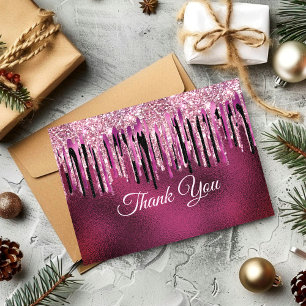 Tarjeta De Agradecimiento Brillo de goteo negro rosa chic