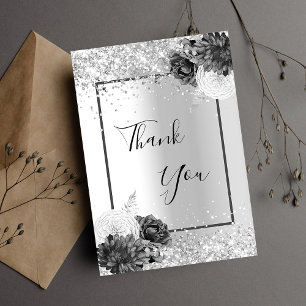 Tarjeta De Agradecimiento Brillo floral plateado elegante glamuroso