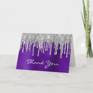 Tarjeta De Agradecimiento Brillos Plateados que Gotean Violeta Púrpura Cumpl
