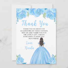 Tarjeta De Agradecimiento Brown Hair Princess Blue Floral Sweet Sixteen 