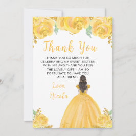 Tarjeta De Agradecimiento Brown Hair Princess Gold Floral Sweet Sixteen