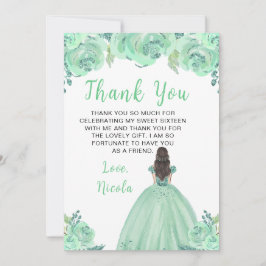 Tarjeta De Agradecimiento Brown Hair Princess Mint Floral Sweet Sixteen