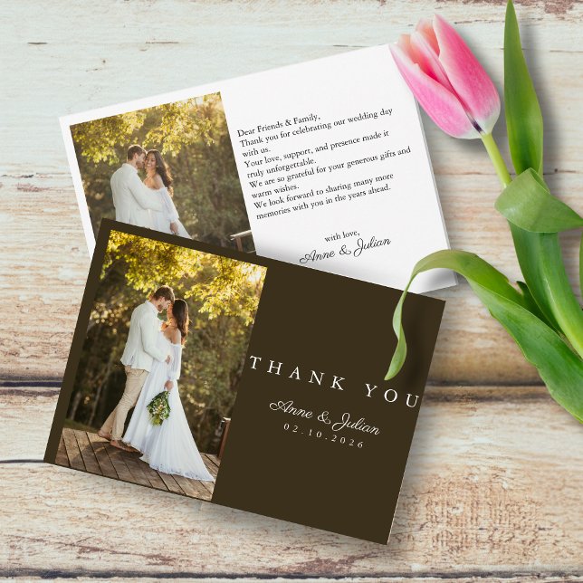 Tarjeta De Agradecimiento Brown Photo Modern Wedding W Note Landscape (Subido por el creador)