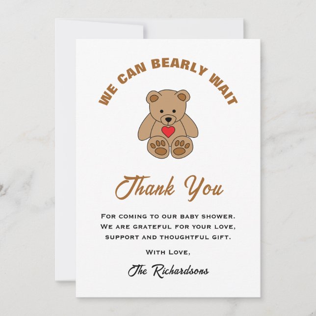 Tarjeta De Agradecimiento Brown Teddy Bear Podemos Esperar Baby Shower (Anverso)