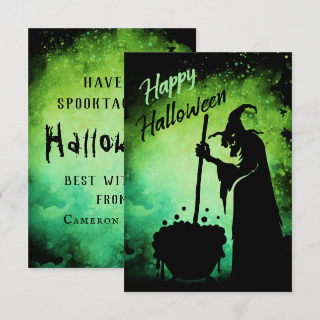 Tarjeta De Agradecimiento Bruja con caldera Feliz Halloween (Anverso / Reverso)