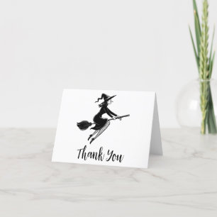 Tarjeta De Agradecimiento Bruja espeluznante de Halloween volando a través d