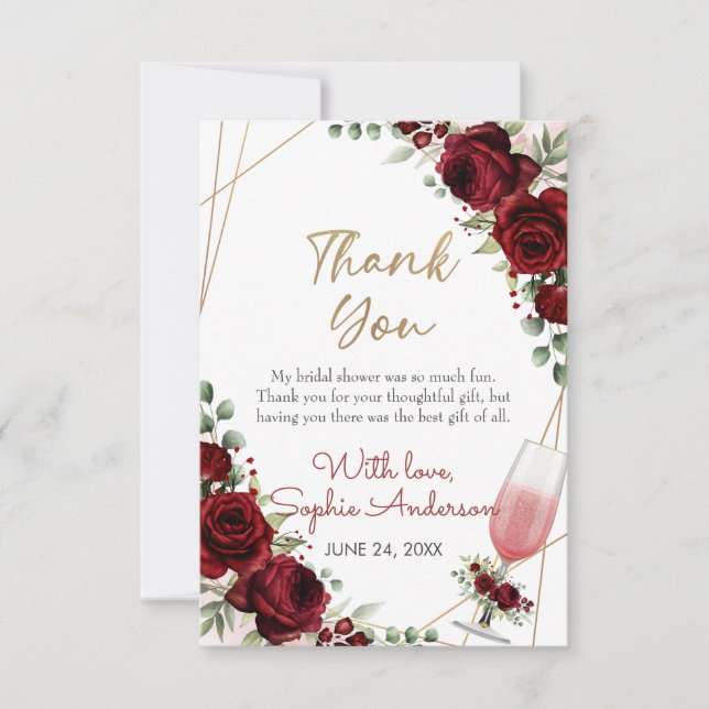 Tarjeta De Agradecimiento Brunch Bubbly Burgundy Wine Rosa Bridal Shower (Anverso)