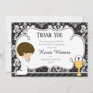 Tarjeta De Agradecimiento Brunette Boy First Communition Damask