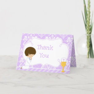 Tarjeta De Agradecimiento Brunette Boy First Communition Damask 'Gracias