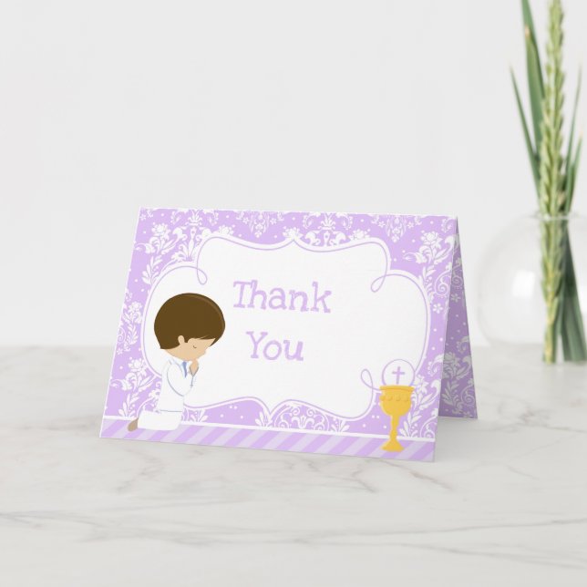 Tarjeta De Agradecimiento Brunette Boy First Communition Damask 'Gracias (Anverso)