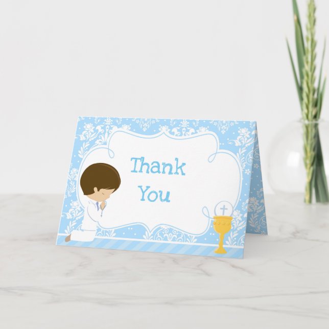 Tarjeta De Agradecimiento Brunette Boy First Communition Damask 'Gracias (Anverso)