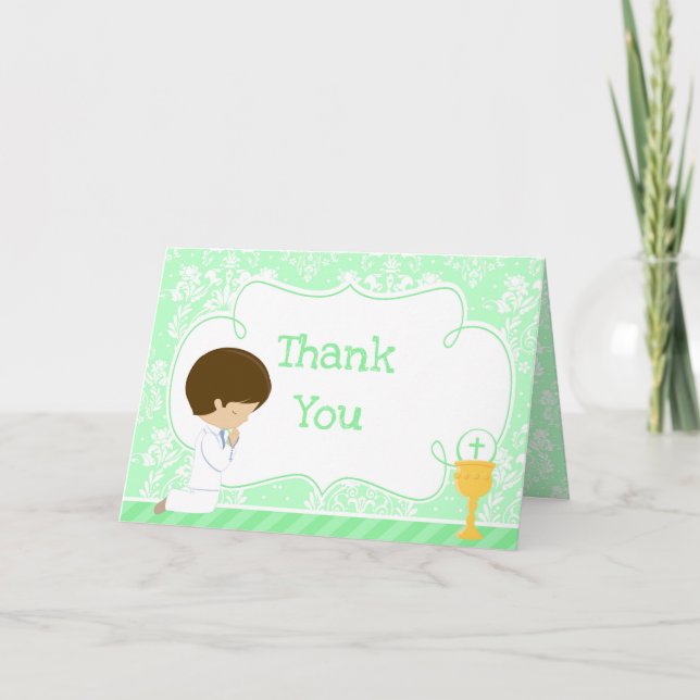 Tarjeta De Agradecimiento Brunette Boy First Communition Damask 'Gracias (Anverso)