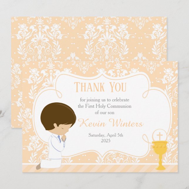 Tarjeta De Agradecimiento Brunette boy First Community Damask (Anverso / Reverso)