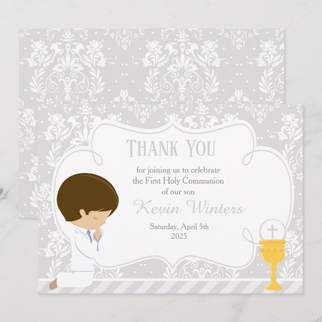 Tarjeta De Agradecimiento Brunette boy First Community Damask (Anverso / Reverso)