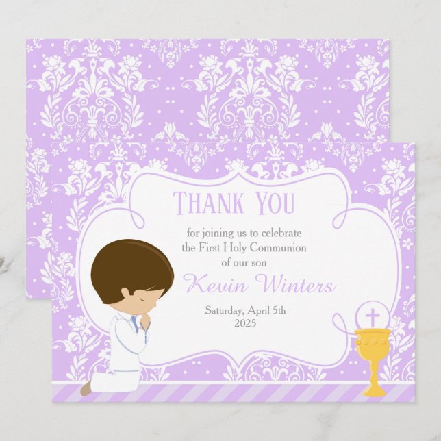 Tarjeta De Agradecimiento Brunette boy First Community Damask (Anverso / Reverso)