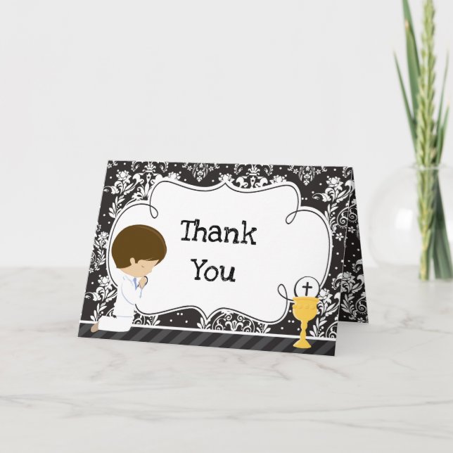 Tarjeta De Agradecimiento Brunette Boy First Comunication 'Gracias' (Anverso)