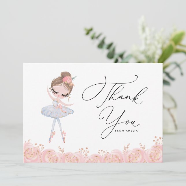Tarjeta De Agradecimiento Brunette Chica Ballerina con ropa blanca Cumpleaño (Anverso de pie)