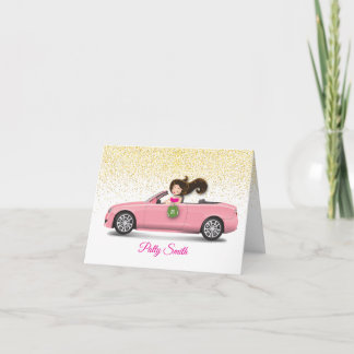 Tarjeta De Agradecimiento Brunette Chica En Coche Con Faux Purpurina