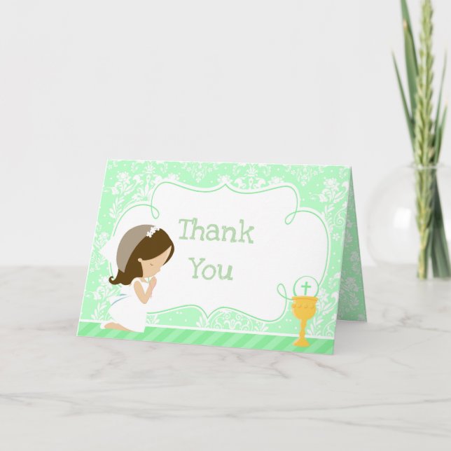 Tarjeta De Agradecimiento Brunette Chica Primera Comunicación ‘Gracias’ (Anverso)
