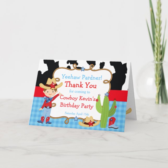 Tarjeta De Agradecimiento Brunette Cowboy Western Birday Party (Anverso)
