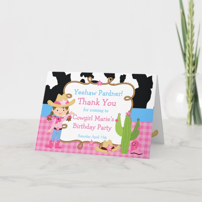 Tarjeta De Agradecimiento Brunette Cowgirl Western Birday Party (Anverso)