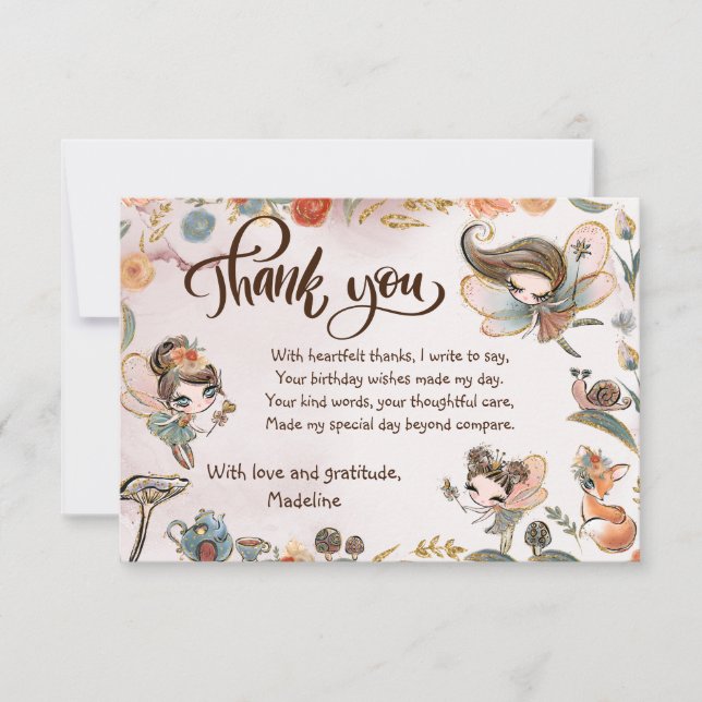 Tarjeta De Agradecimiento Brunette Fairy Birthday Enchanted Forest (Anverso)