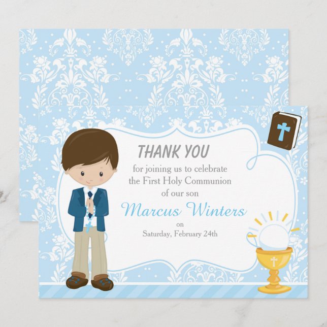 Tarjeta De Agradecimiento Brunette Hair Boy Primera Comunión Damask (Anverso / Reverso)