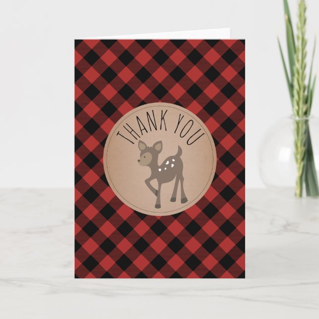 Tarjeta De Agradecimiento Buffalo Plaid Deer Baby Shower Gracias (Anverso)