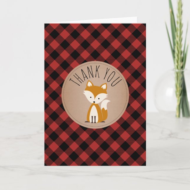 Tarjeta De Agradecimiento Buffalo Plaid Fox Baby Shower Gracias (Anverso)