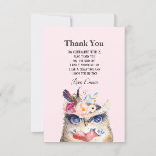 Tarjeta De Agradecimiento BÚHO, bohemio, boho floral