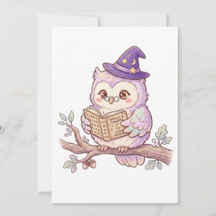 Tarjeta De Agradecimiento Búho bruja lindo leyendo libro de hechizos ilustra