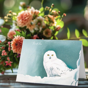 Tarjeta De Agradecimiento Búho Nival Cielo Invernal Ártico Nieve Verde azula