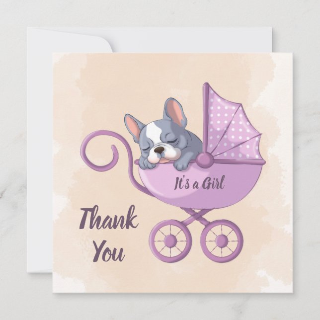 Tarjeta De Agradecimiento Bulldog francés lindo Pup Pink Stroller Baby Showe (Anverso)
