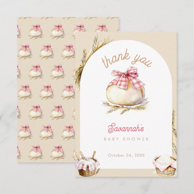 Tarjeta De Agradecimiento Bun In The Oven Pink Gingham Bow Baby Shower (Anverso / Reverso)