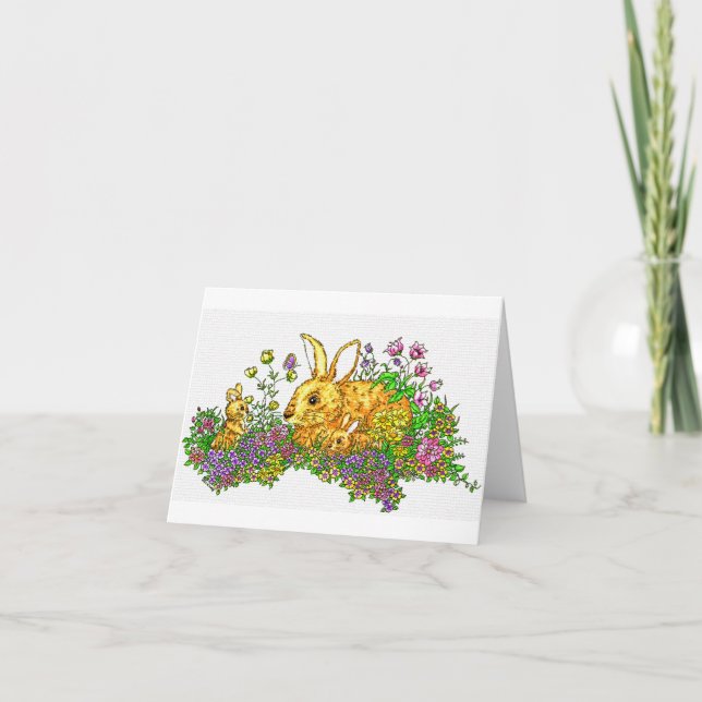 Tarjeta De Agradecimiento Bunnies de primavera en un campo de flores (Anverso)