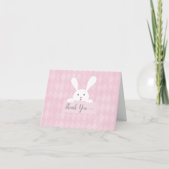 Tarjeta De Agradecimiento Bunny blanco Baby Shower Pink Argyle Gracias (Anverso)