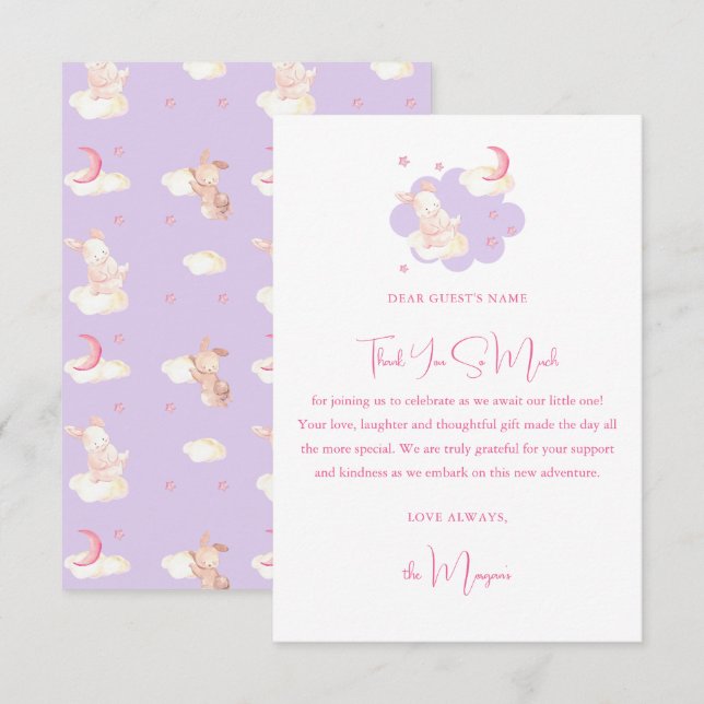Tarjeta De Agradecimiento Bunny Dreams Purple Baby Shower (Anverso / Reverso)