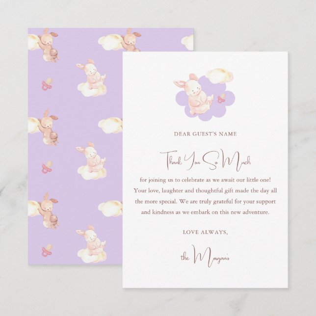 Tarjeta De Agradecimiento Bunny Dreams Purple Baby Shower (Anverso / Reverso)