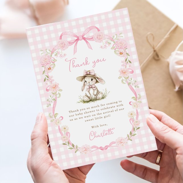 Tarjeta De Agradecimiento Bunny Pink Bow Gingham Baby Shower (Subido por el creador)