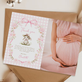 Tarjeta De Agradecimiento Bunny Pink Bow Gingham Baby Shower Photo