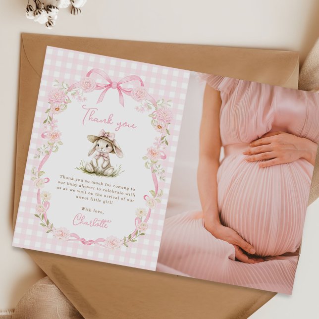Tarjeta De Agradecimiento Bunny Pink Bow Gingham Baby Shower Photo (Subido por el creador)