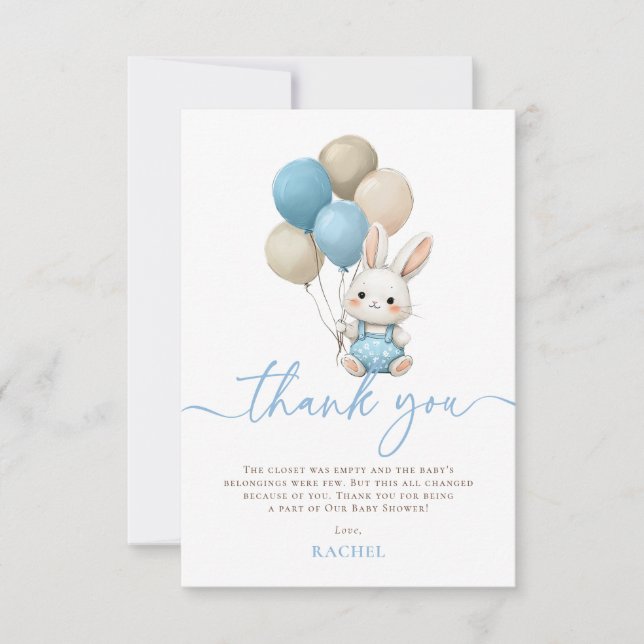 Tarjeta De Agradecimiento Bunny Rabbit Balloons Blue Boy Baby Shower (Anverso)