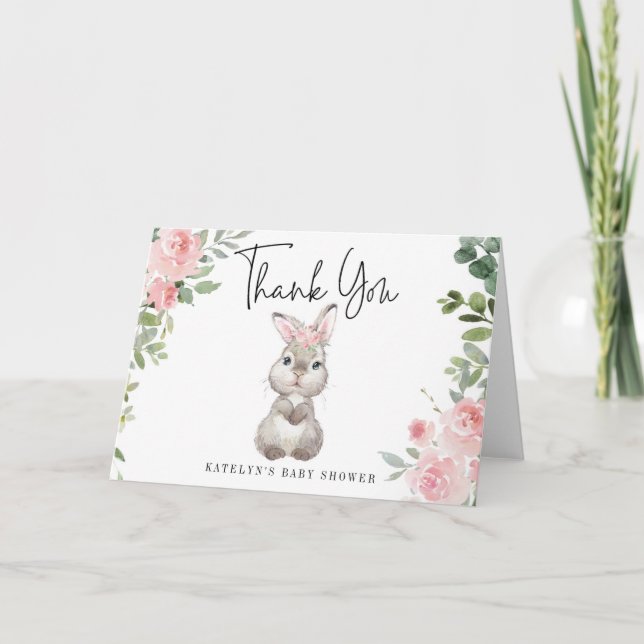 Tarjeta De Agradecimiento Bunny Thank You Card con flores rosas (Anverso)