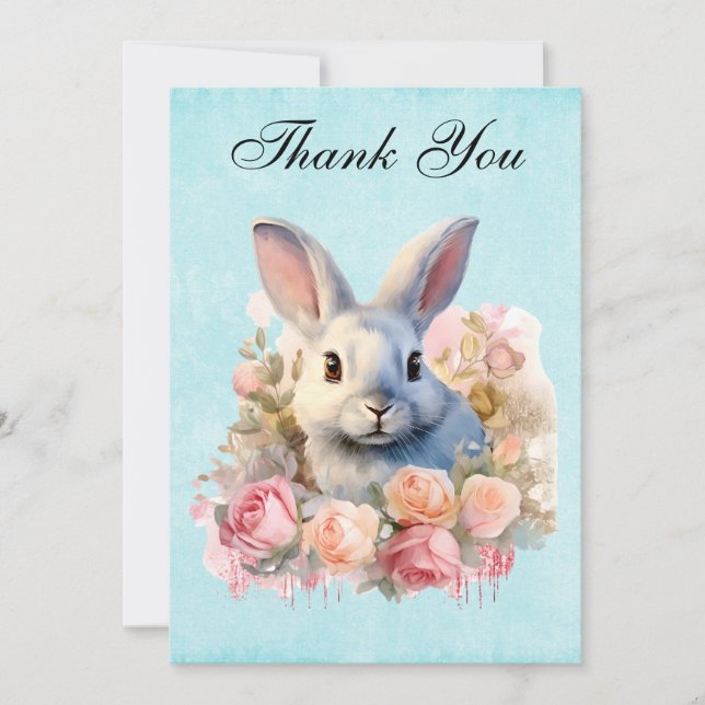 Tarjeta De Agradecimiento Bunny with a Garland of Roses Cute (Anverso)