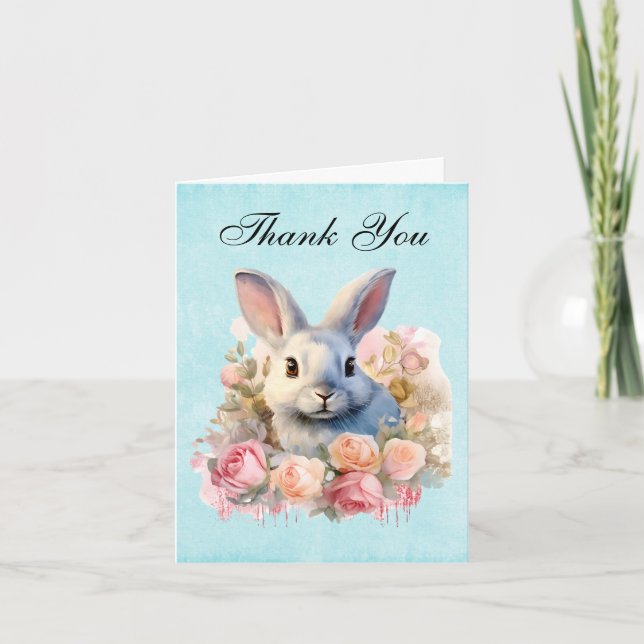 Tarjeta De Agradecimiento Bunny with a Garland of Roses Cute (Anverso)