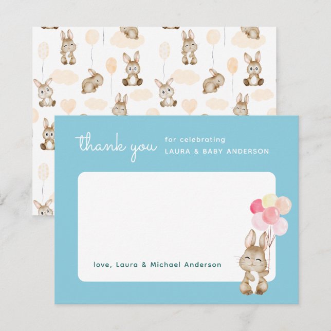 Tarjeta De Agradecimiento Bunny with Balloons Blue Baby Shower (Anverso / Reverso)