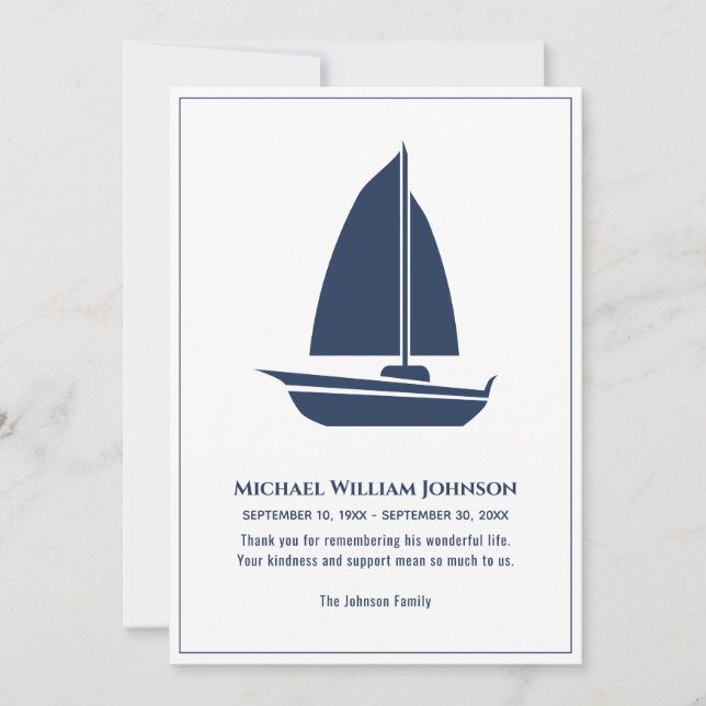 Tarjeta De Agradecimiento Buque náutico Funeral Nautical Blue White (Anverso)