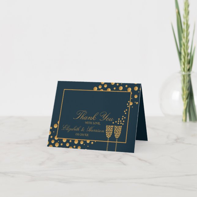 Tarjeta De Agradecimiento Burbujas de champán de oro - Azul y oro - (Anverso)