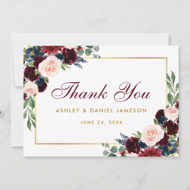 Tarjeta De Agradecimiento Burgundy Blue Floral Gold Boda Gracias (Anverso)